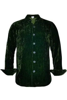 Silk Velvet Men's Shirt in Forest Green with Mandarin Collar