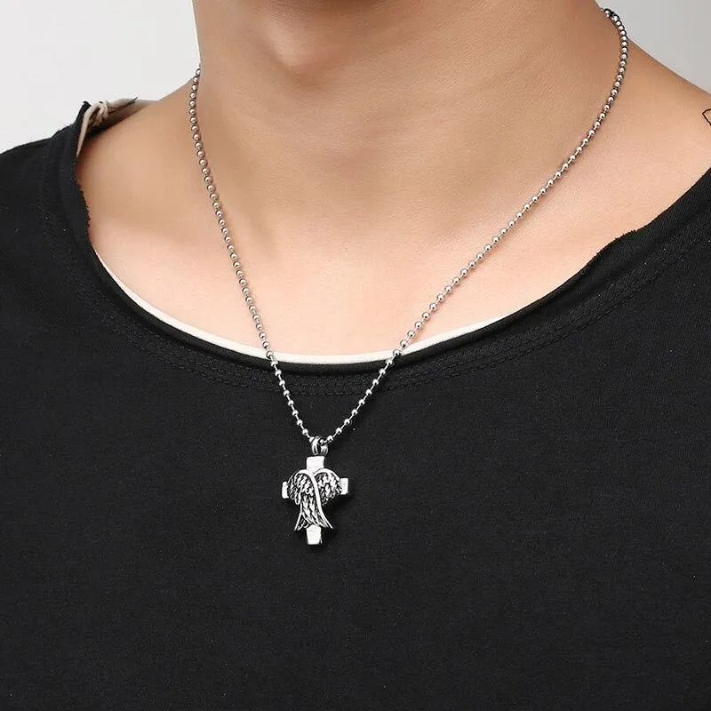 Silver Closed Wing Cross Pendant Memorial Urn Necklace