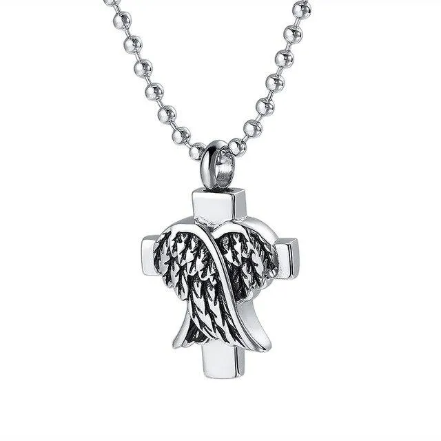 Silver Closed Wing Cross Pendant Memorial Urn Necklace