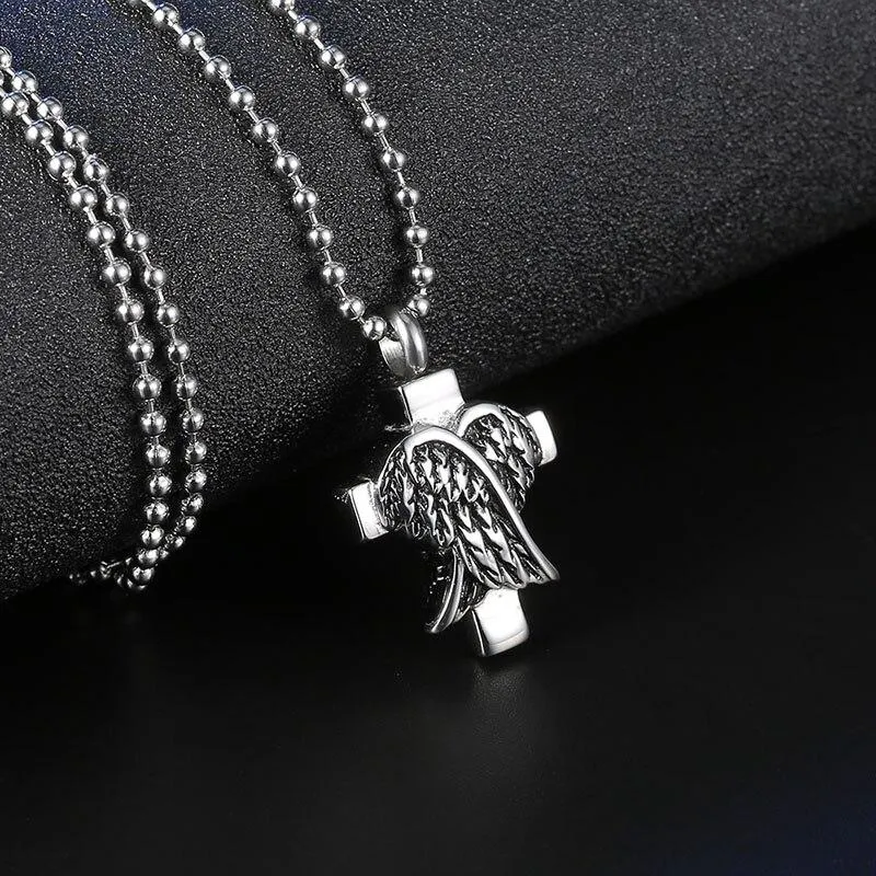 Silver Closed Wing Cross Pendant Memorial Urn Necklace