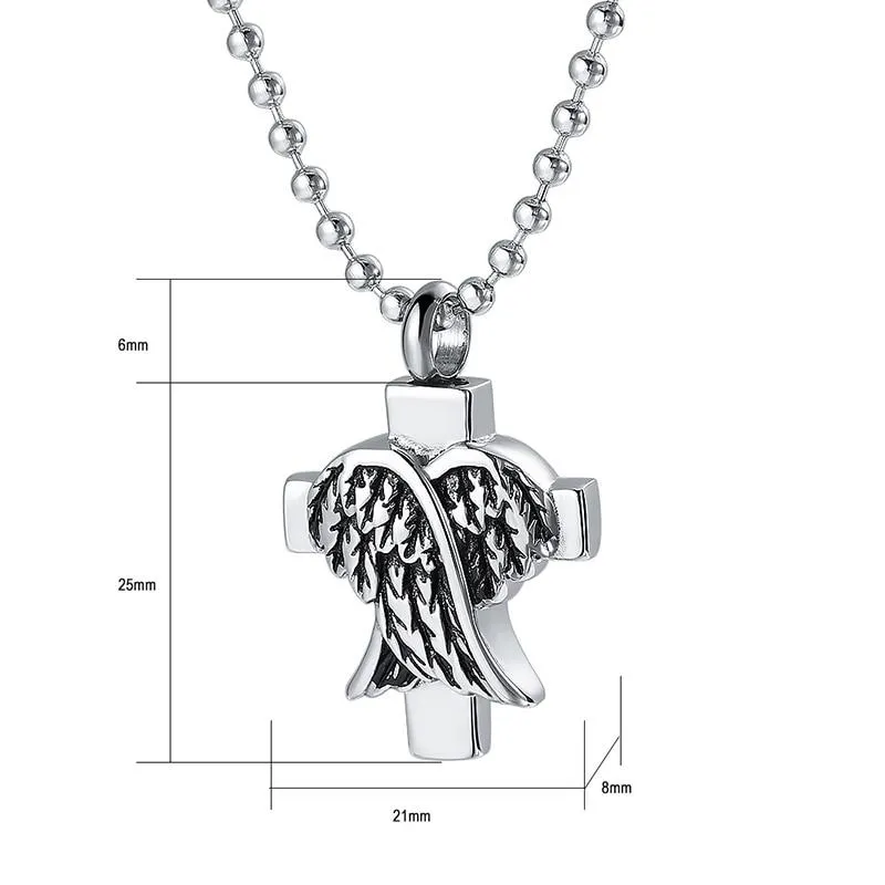 Silver Closed Wing Cross Pendant Memorial Urn Necklace