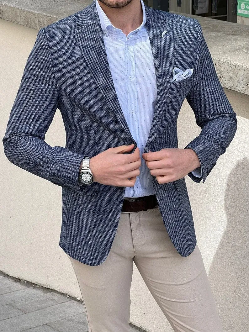 Slim Fit Knitted Light Blue Jacket Men's Blazer