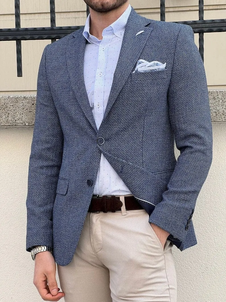 Slim Fit Knitted Light Blue Jacket Men's Blazer