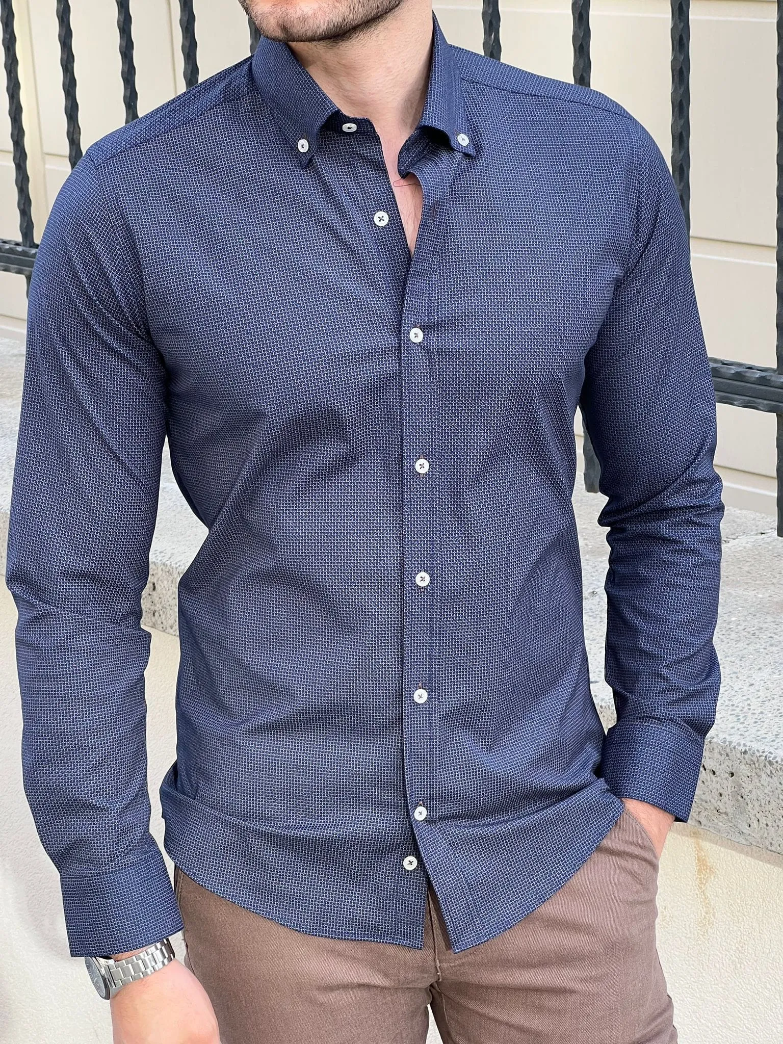 Slim Fit Patterned Cotton Navy blue Shirt