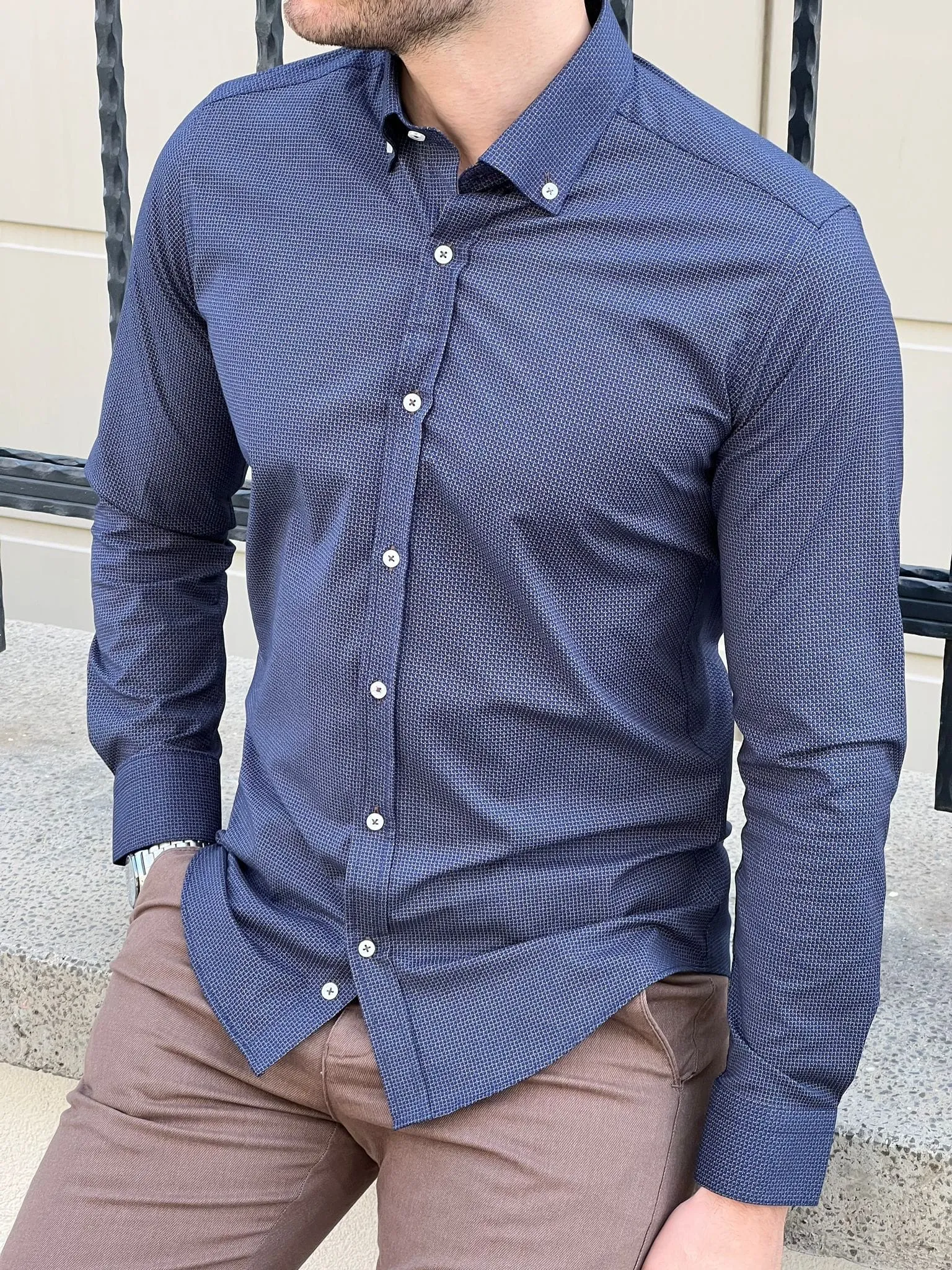 Slim Fit Patterned Cotton Navy blue Shirt