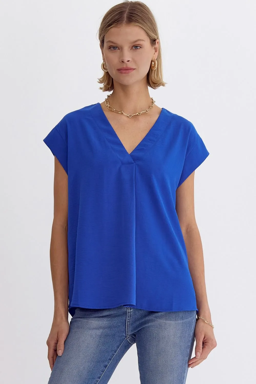 Solid V-neck Short Sleeve Placket Detail Top