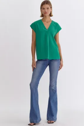 Solid V-neck Short Sleeve Placket Detail Top