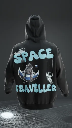 Space Traveller Puff print Oversized Hoodie (Black)