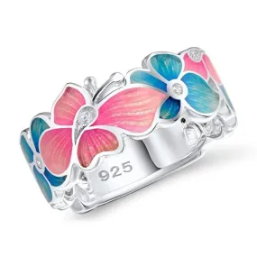 Sterling Silver Pink Blue Butterfly Flower CZ Band Ring