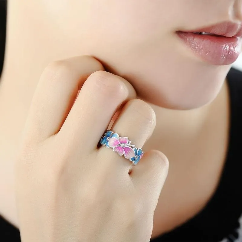 Sterling Silver Pink Blue Butterfly Flower CZ Band Ring