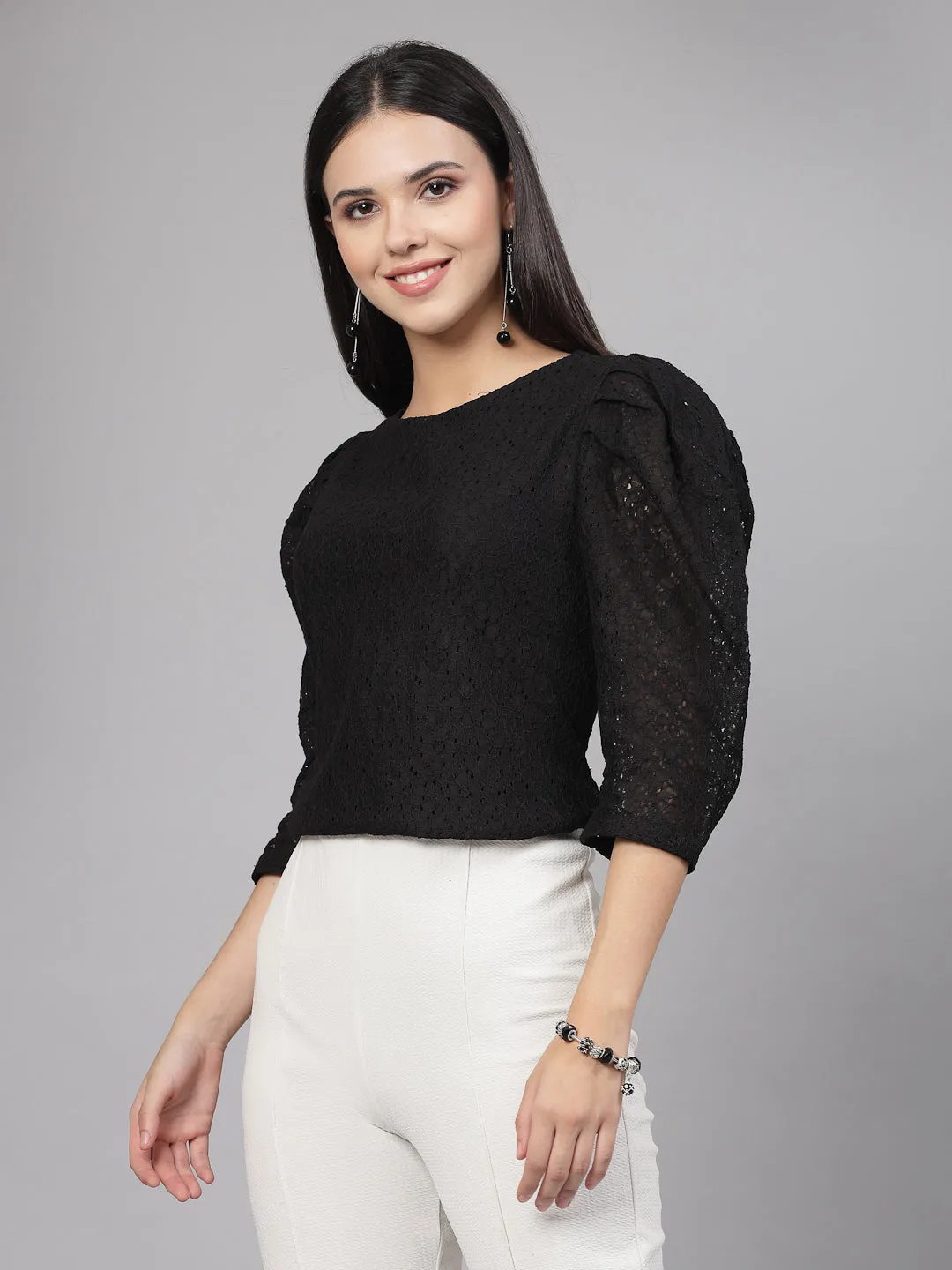 Style Quotient Women Black Self Design Floral Lace Regular Smart Casual Top