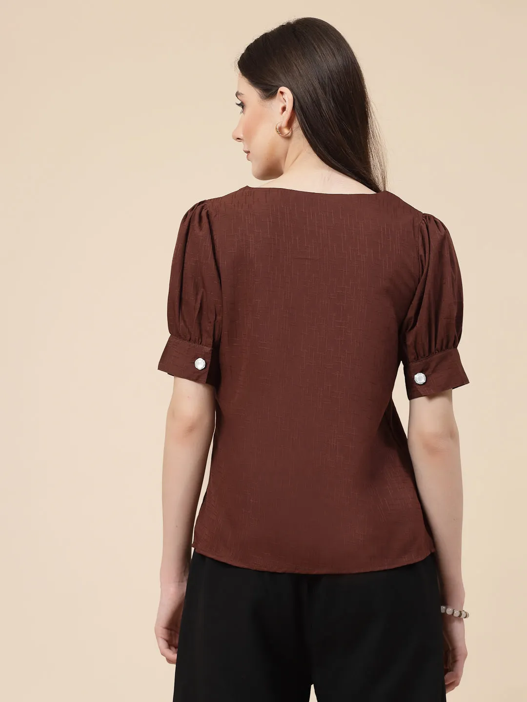 Style Quotient Women Brown Solid Polyester Regular Smart Casual Top