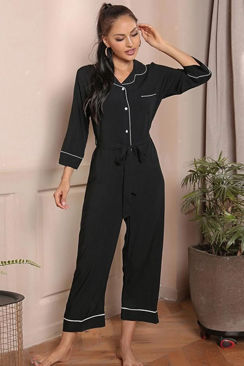 Sunset and Swim Contrast Belted Lapel Collar Jumpsuit