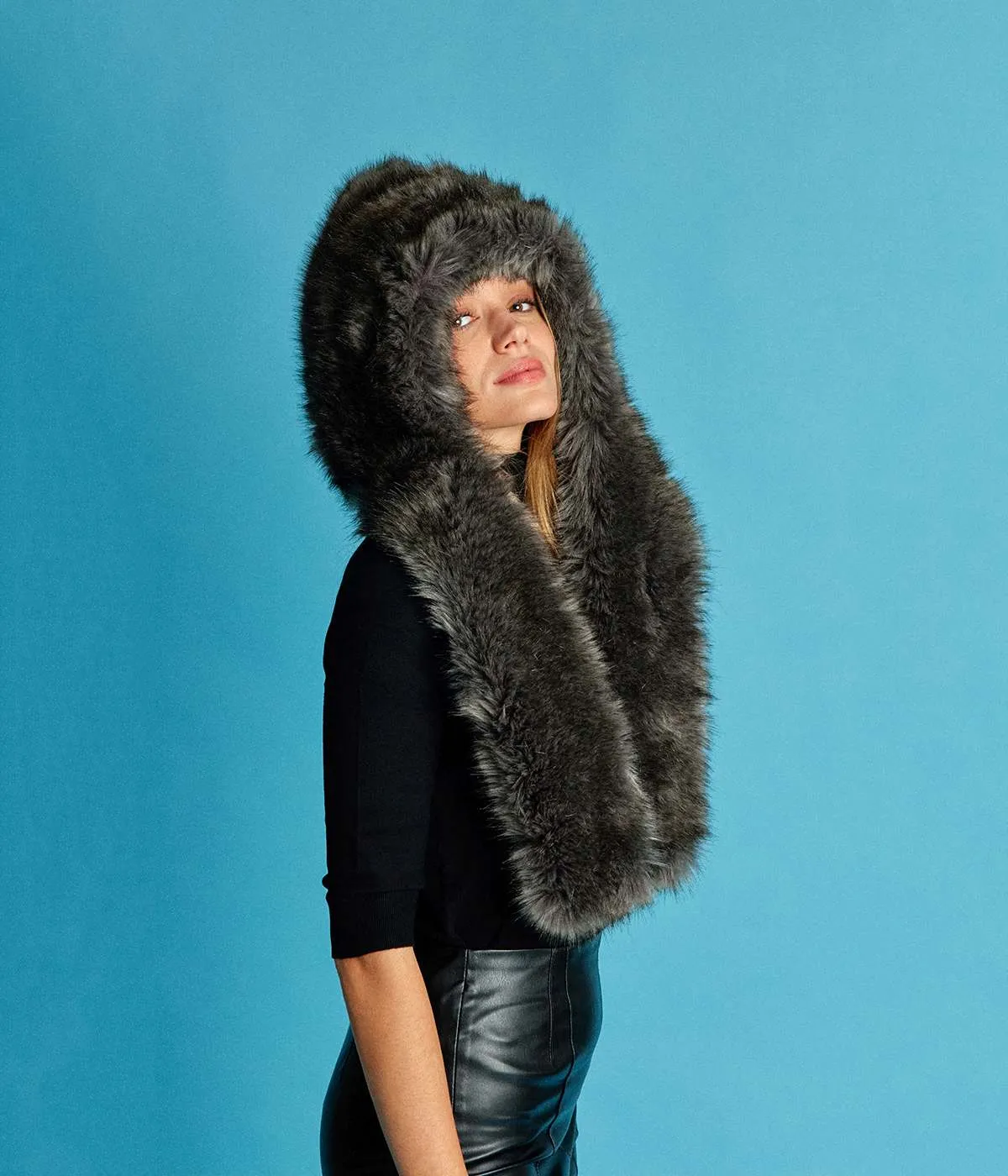 Suzan Vegan Fur Hooded Scarf | Grey Wolf