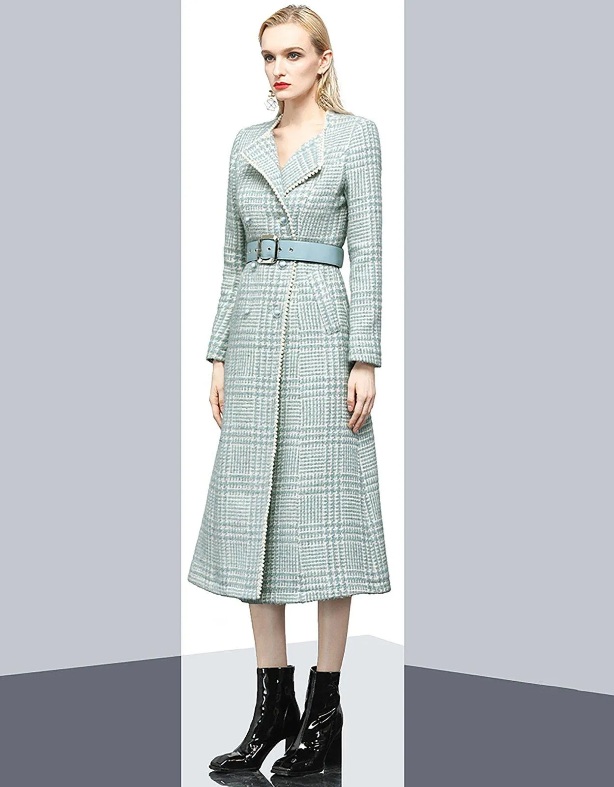 Sydney Green Plaid Double Breasted Belted Tweed Long Coat