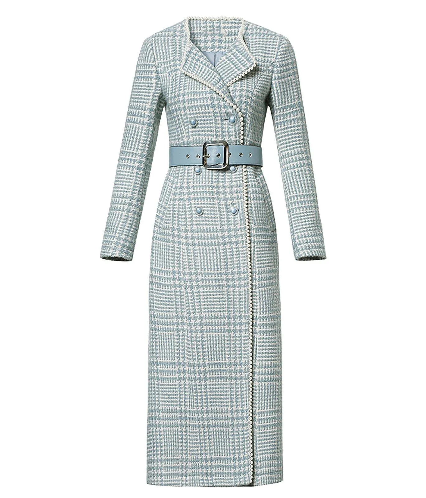 Sydney Green Plaid Double Breasted Belted Tweed Long Coat