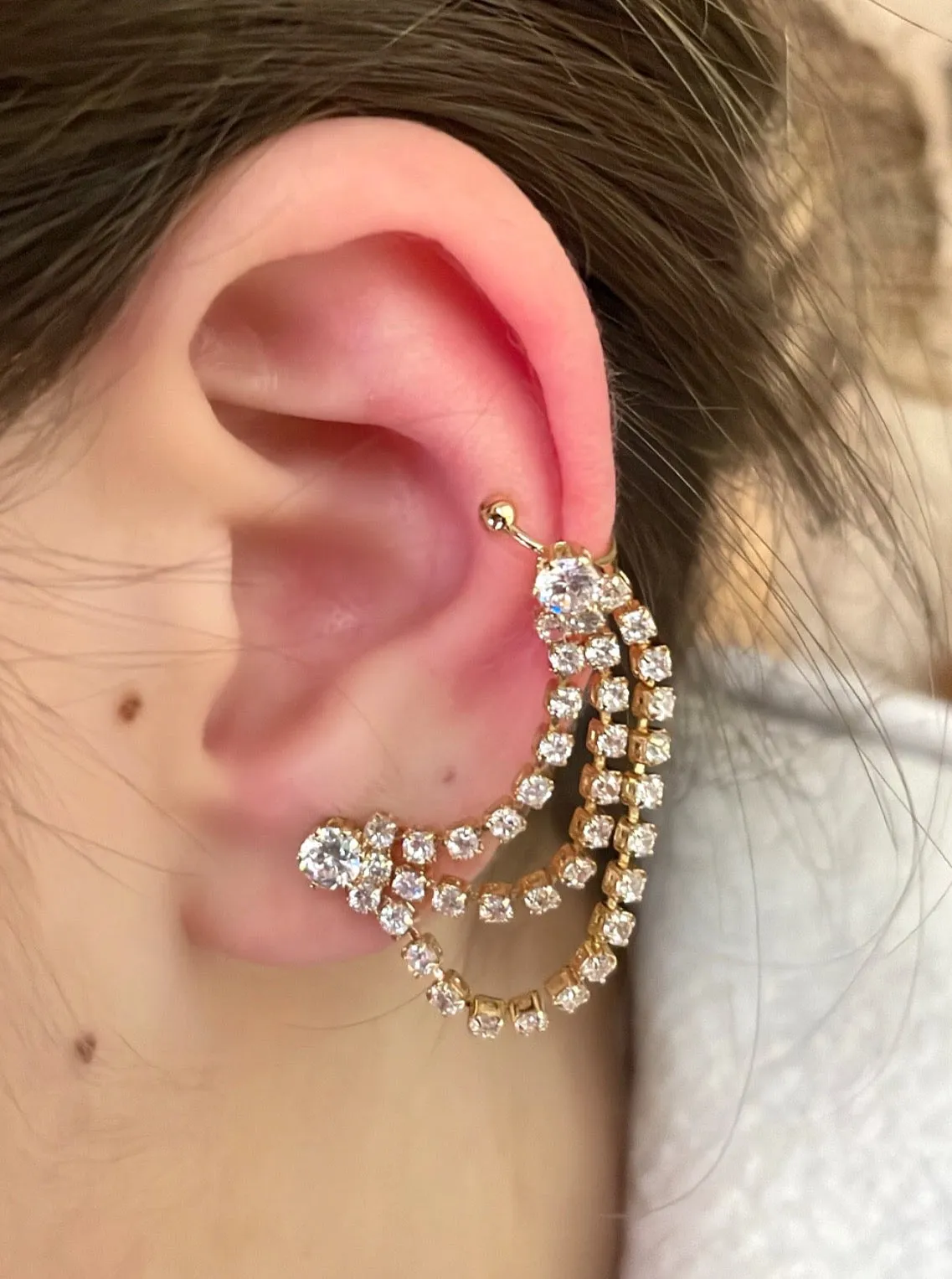 Triple layer crystal single earring/cuff