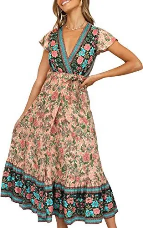 V Neck Wrap Floral Short Sleeve Split Belted Beach Long Dress