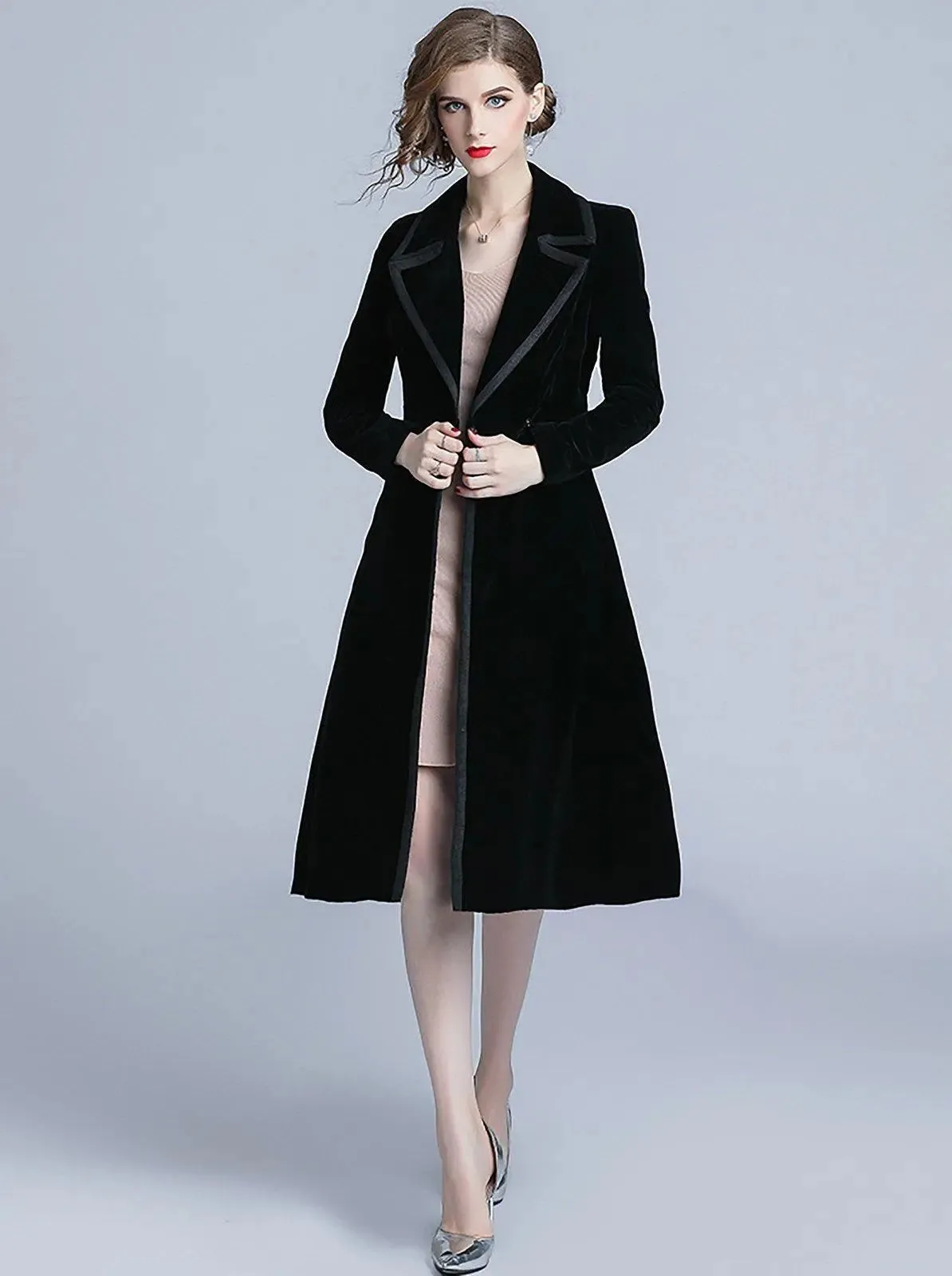 Velvet Buckle Belted Fit & Flare Blazer Coat