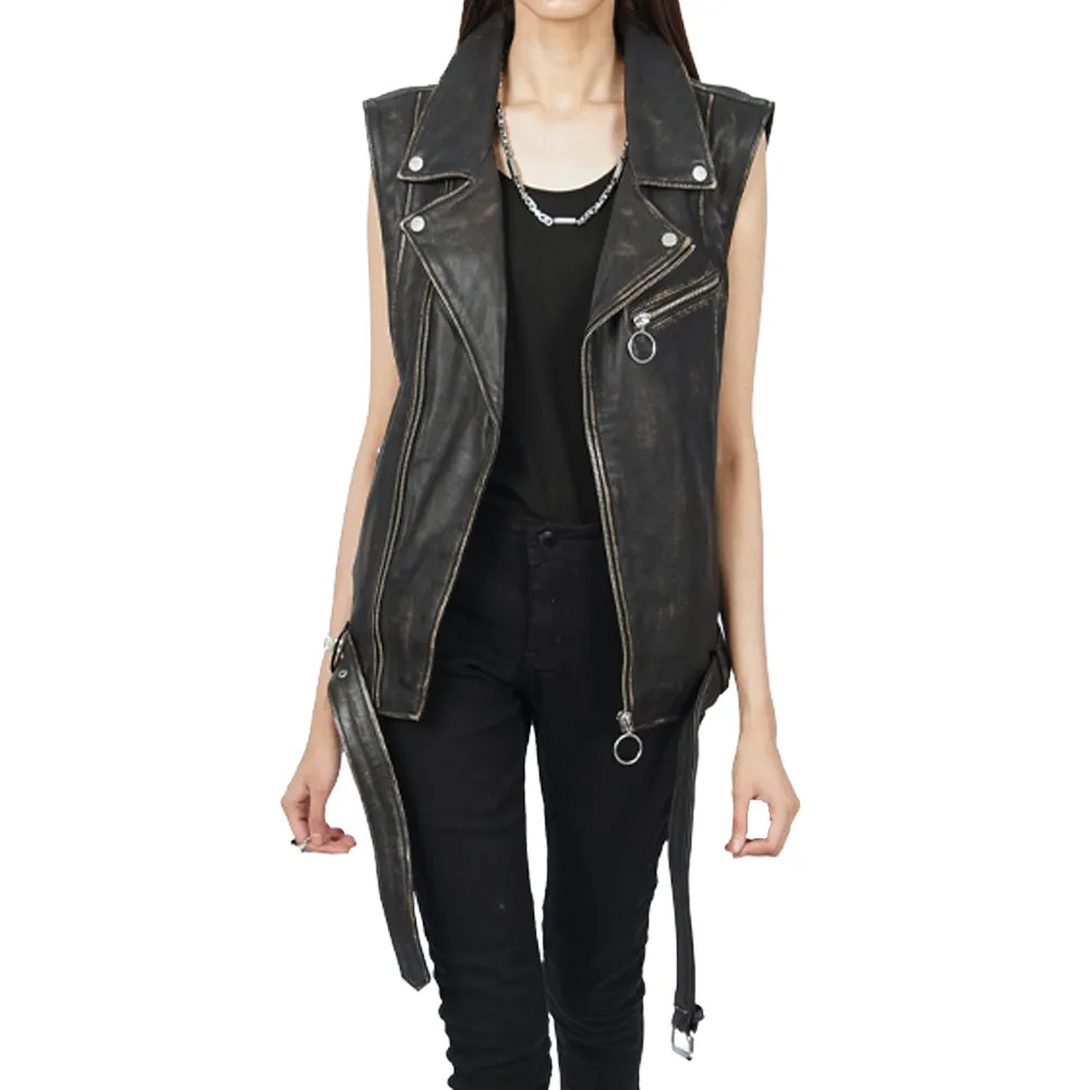 Vest Sleeveless Belted Ash Black Leather Jacket