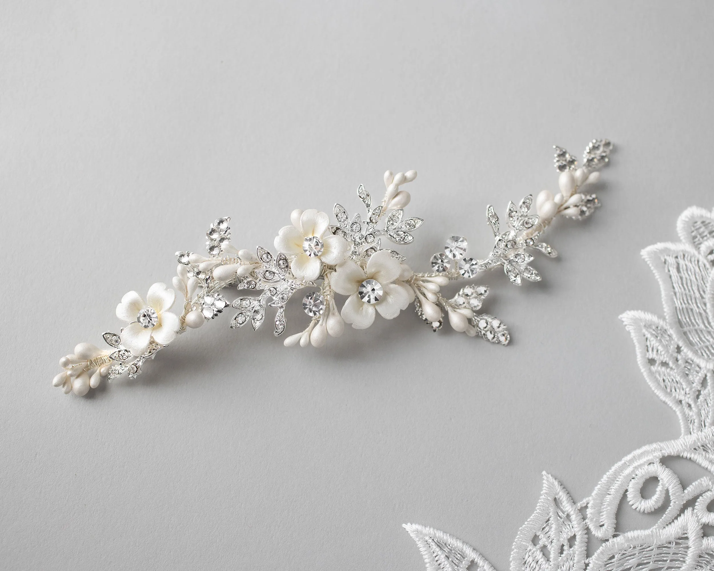 Wedding Hair Clip with Ivory Porcelain Flowers