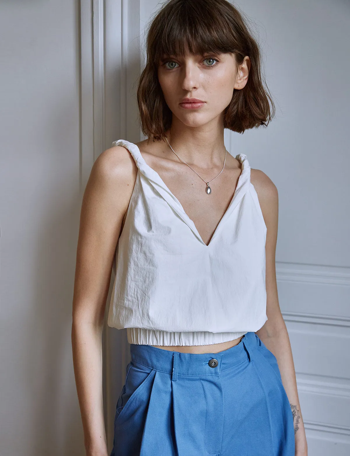 White Cotton Rolled Shoulder Top-Bestseller