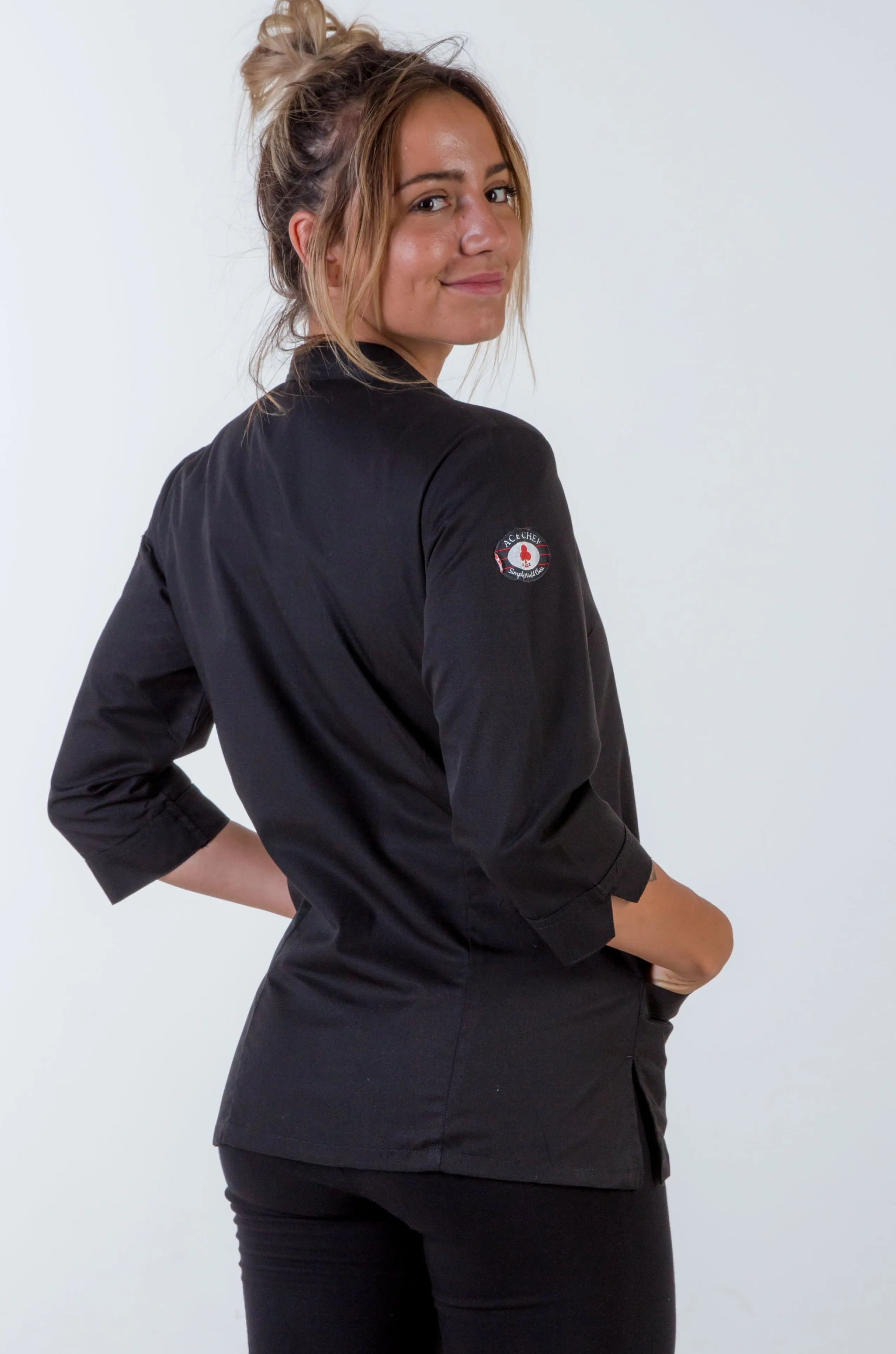 women's chef jacket black 3/4 Sleeve