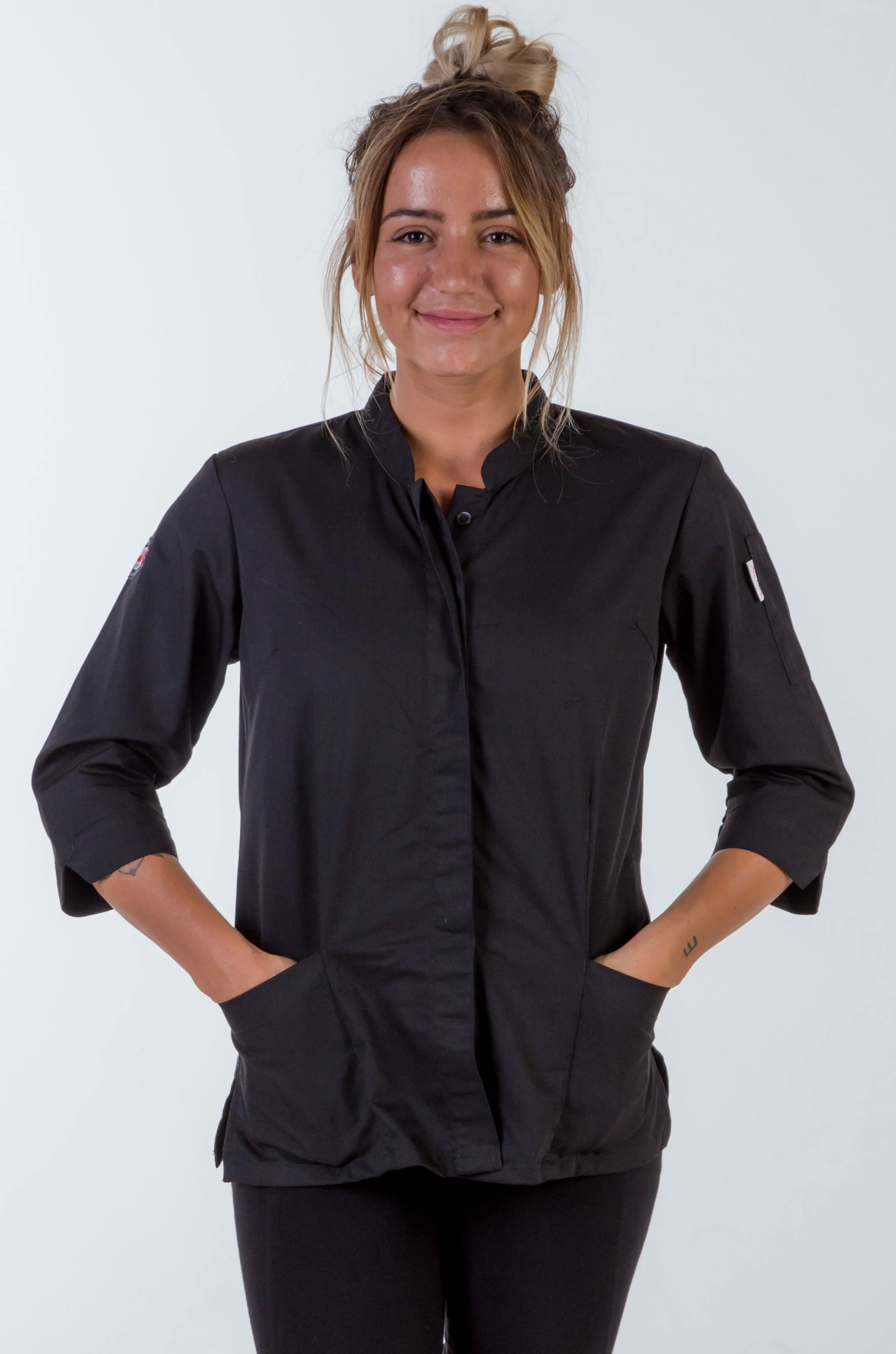 women's chef jacket black 3/4 Sleeve