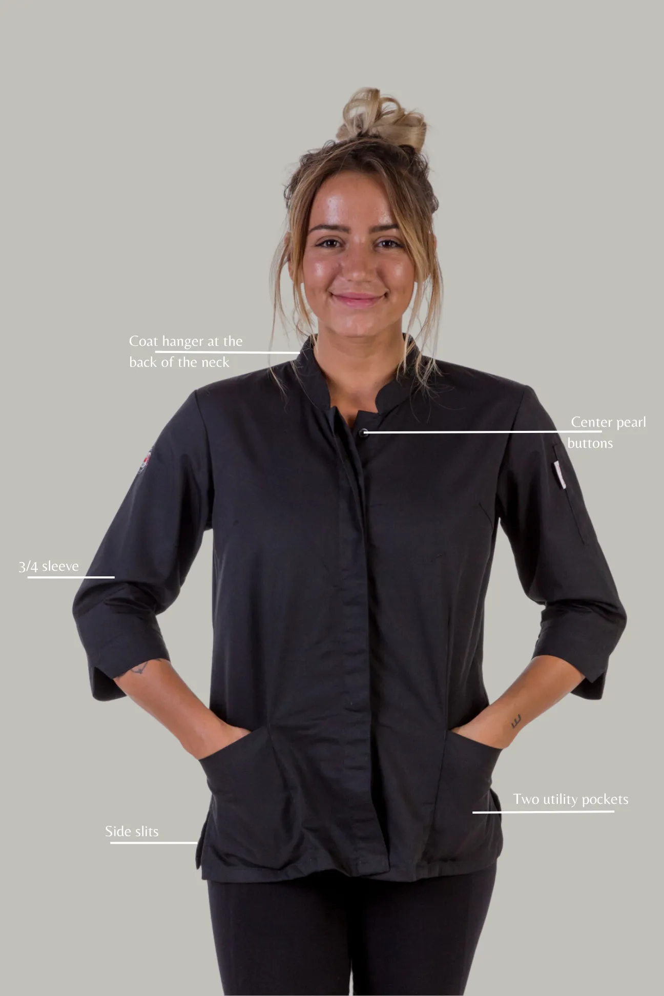 women's chef jacket black 3/4 Sleeve