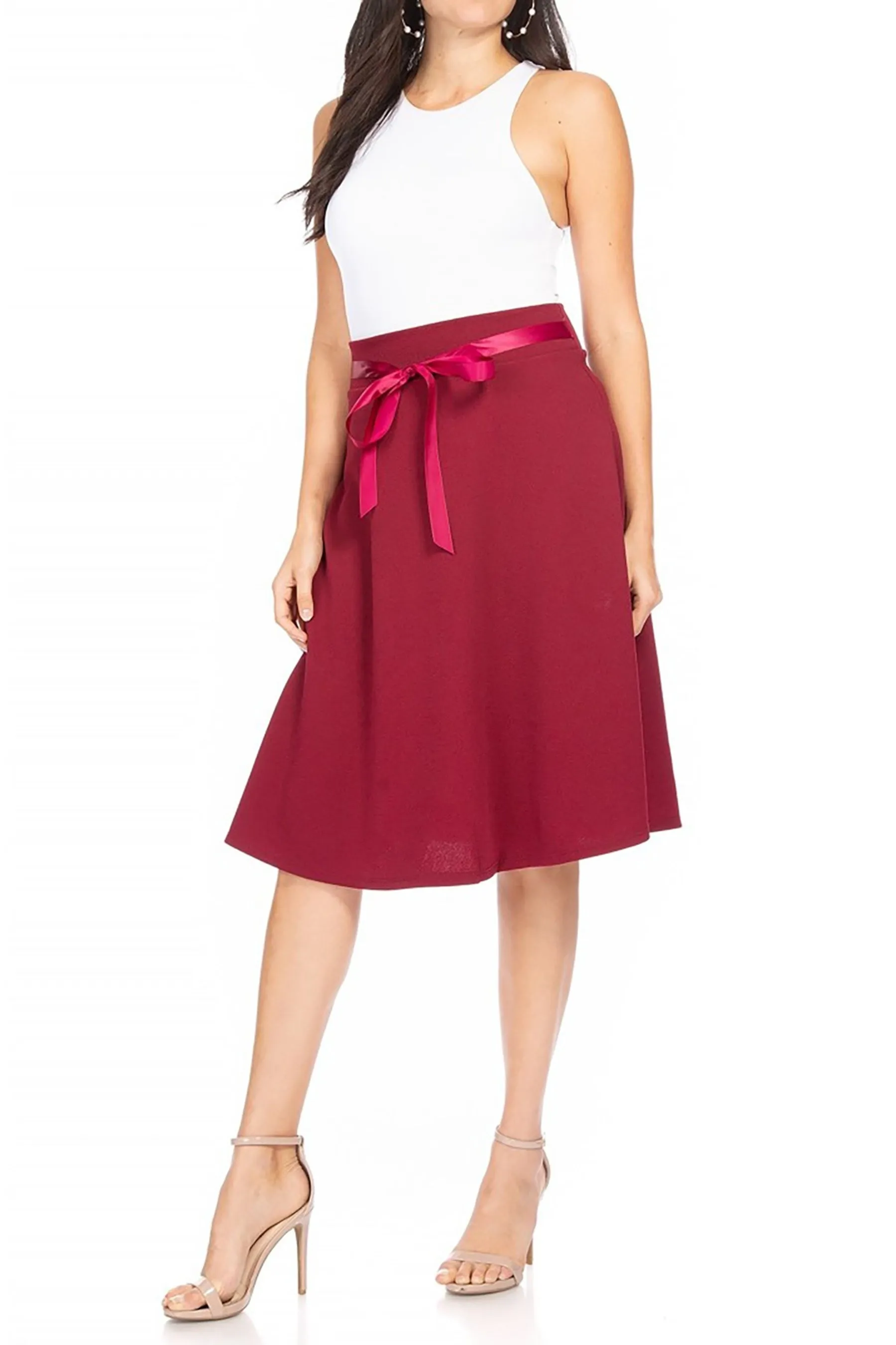 Women's Elegant Solid A-Line Midi Skirt with High Waist and Satin Tie Belt