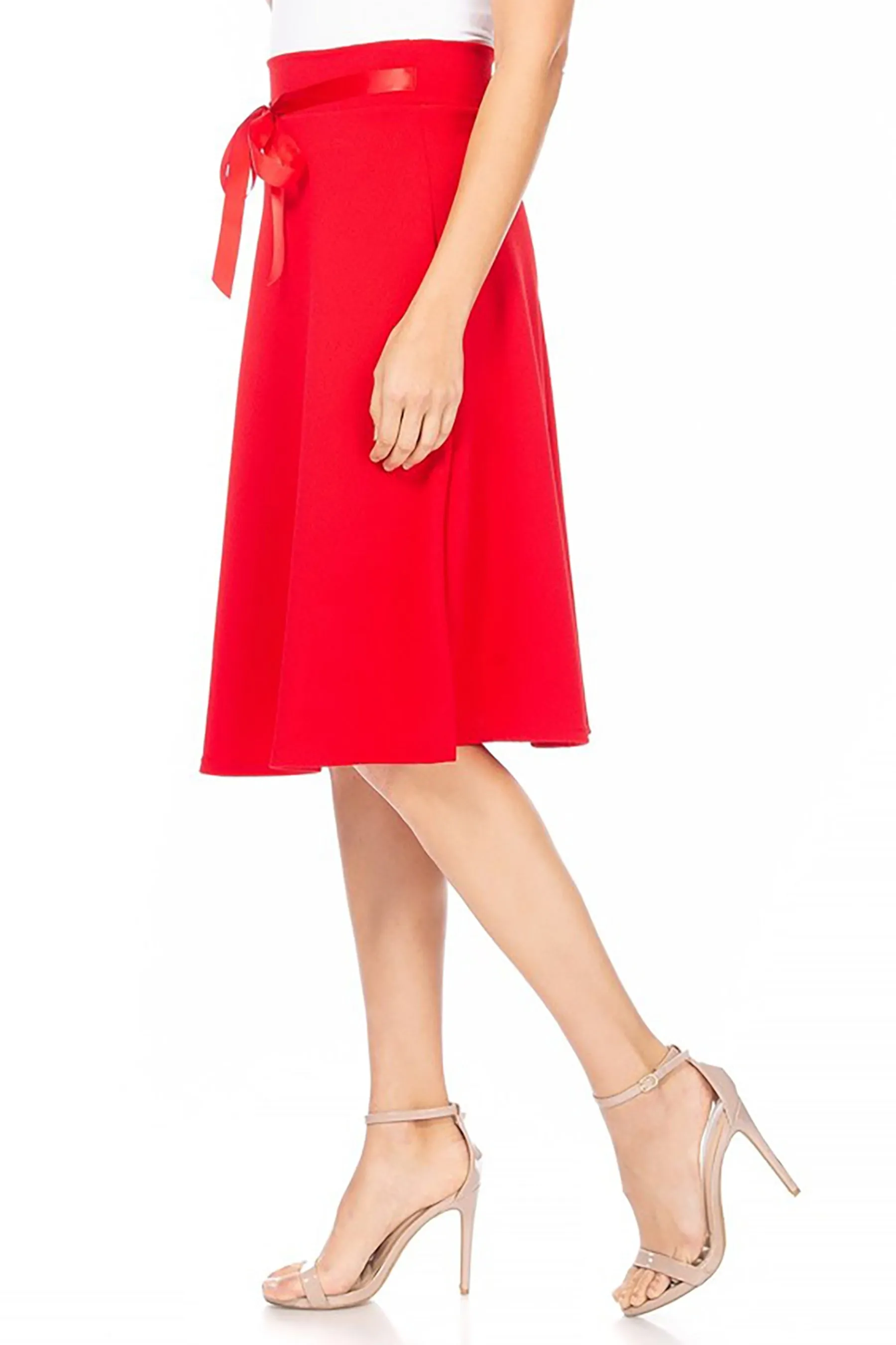 Women's Elegant Solid A-Line Midi Skirt with High Waist and Satin Tie Belt