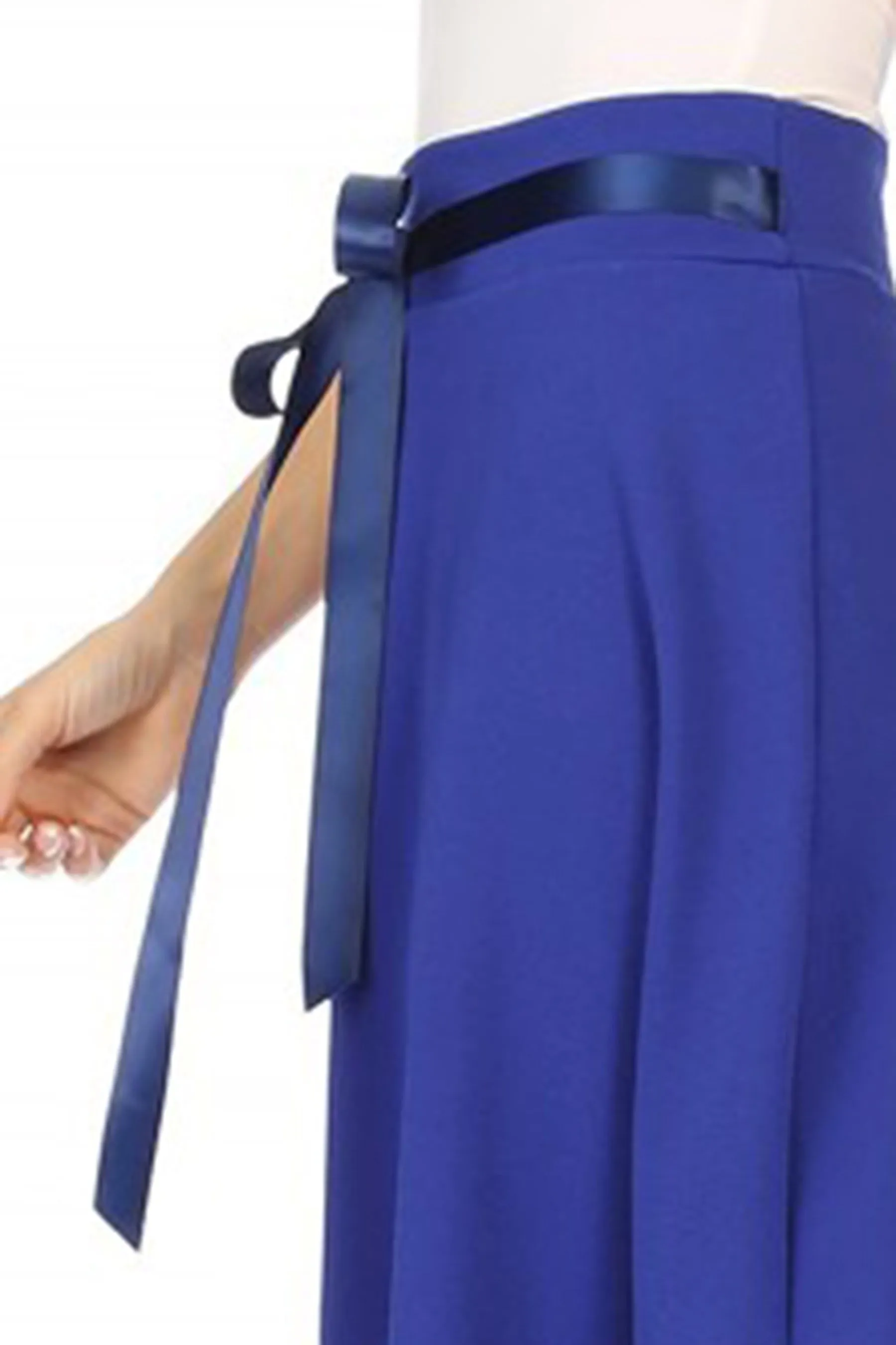 Women's Elegant Solid A-Line Midi Skirt with High Waist and Satin Tie Belt