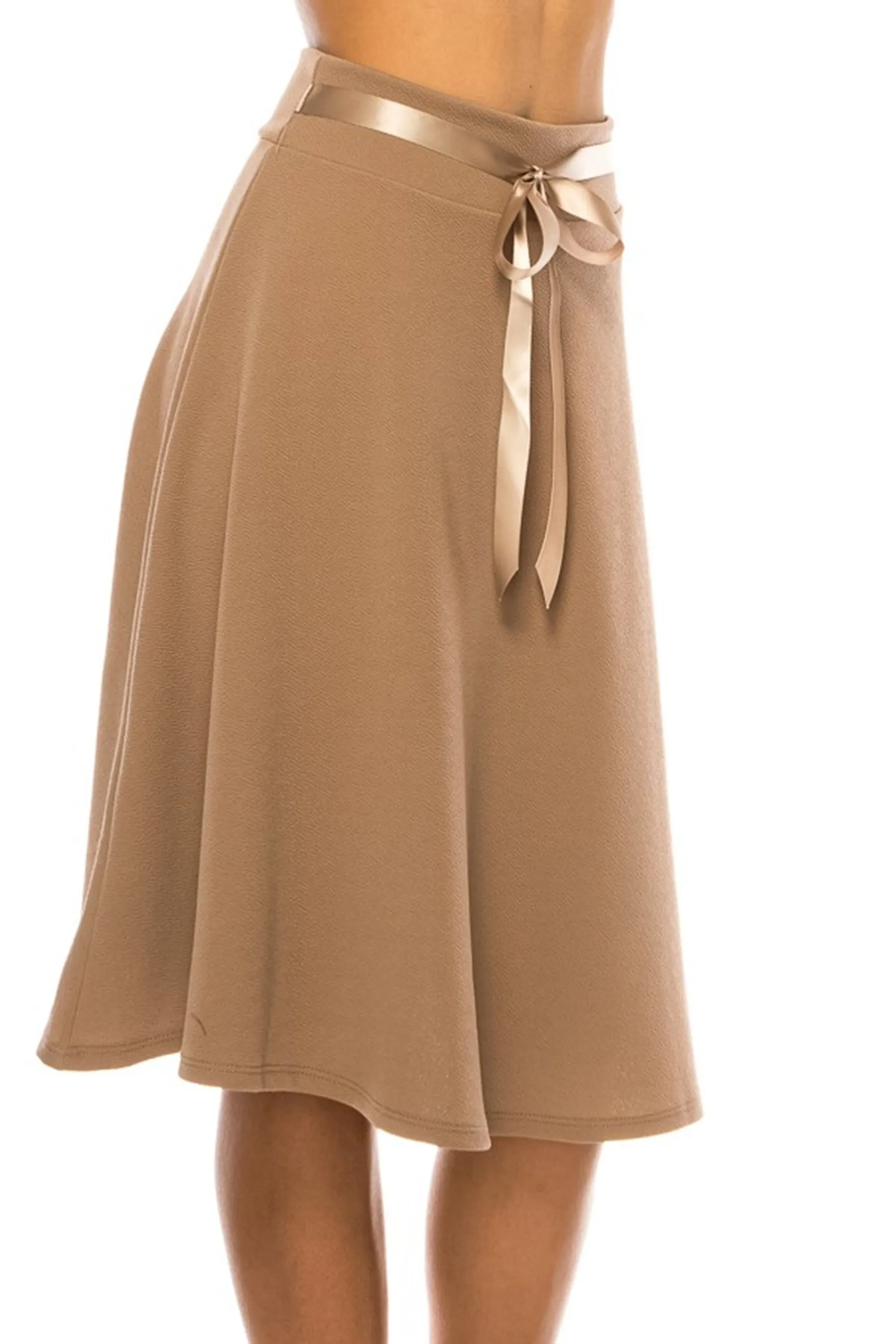 Women's Elegant Solid A-Line Midi Skirt with High Waist and Satin Tie Belt