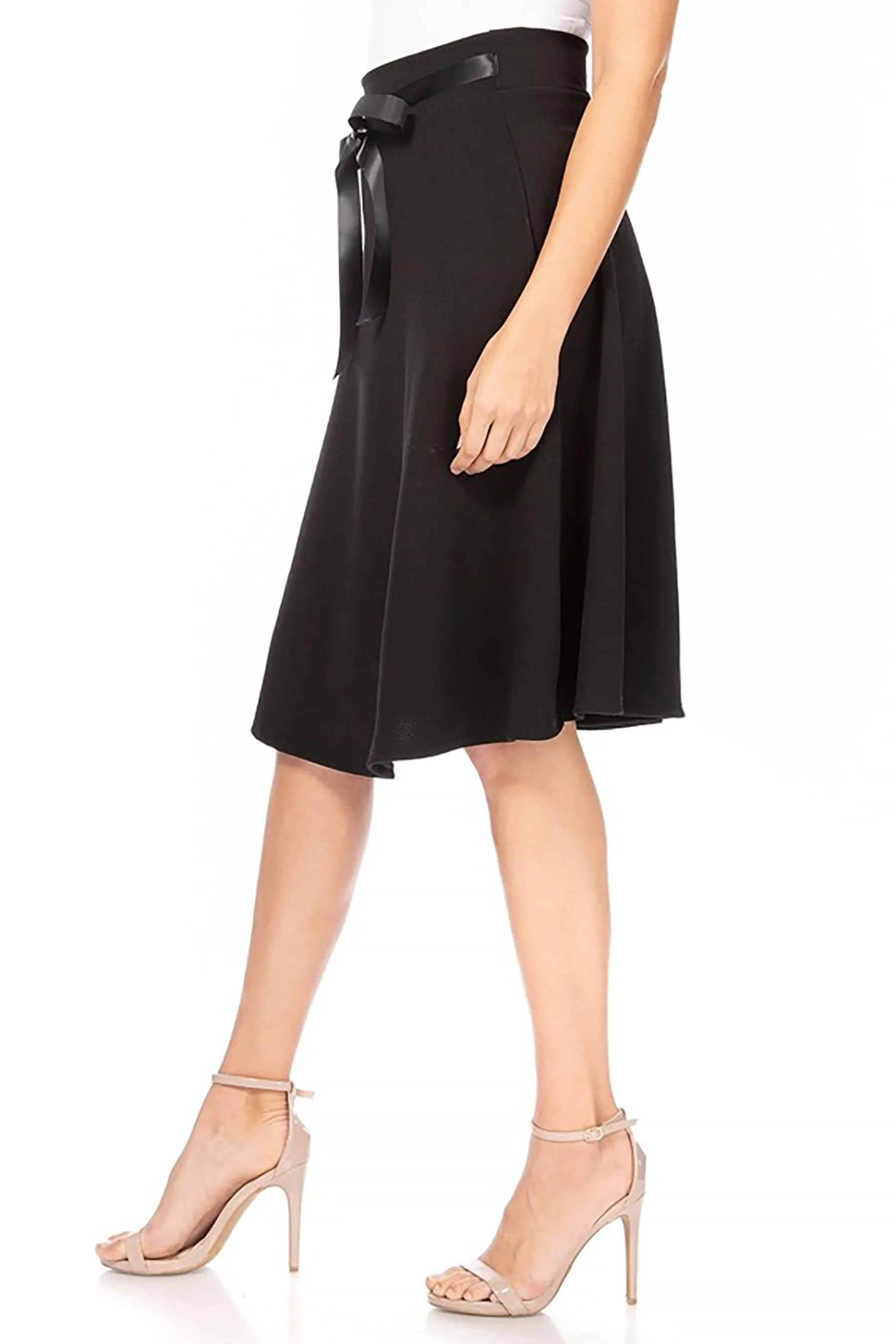 Women's Elegant Solid A-Line Midi Skirt with High Waist and Satin Tie Belt