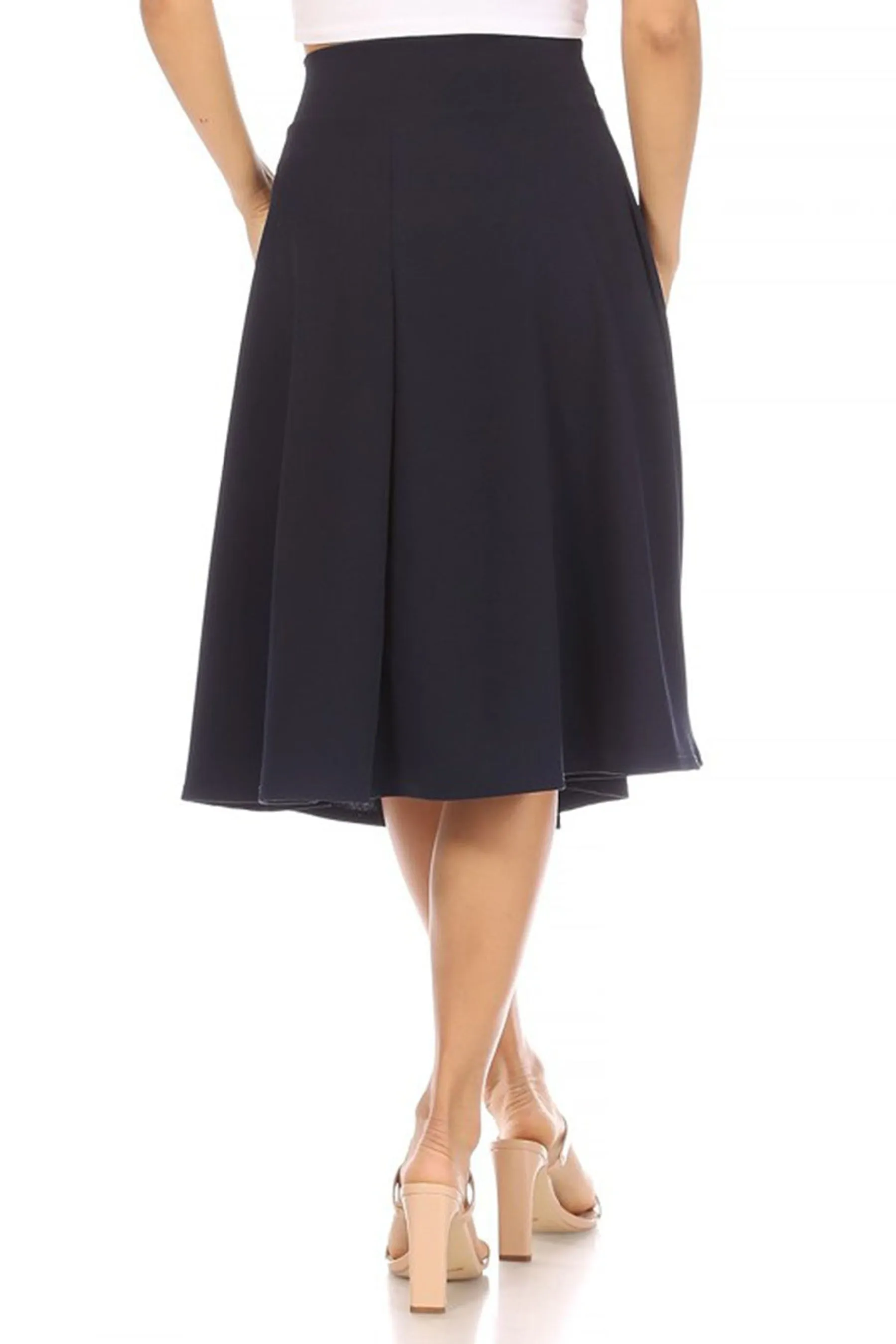 Women's Elegant Solid A-Line Midi Skirt with High Waist and Satin Tie Belt