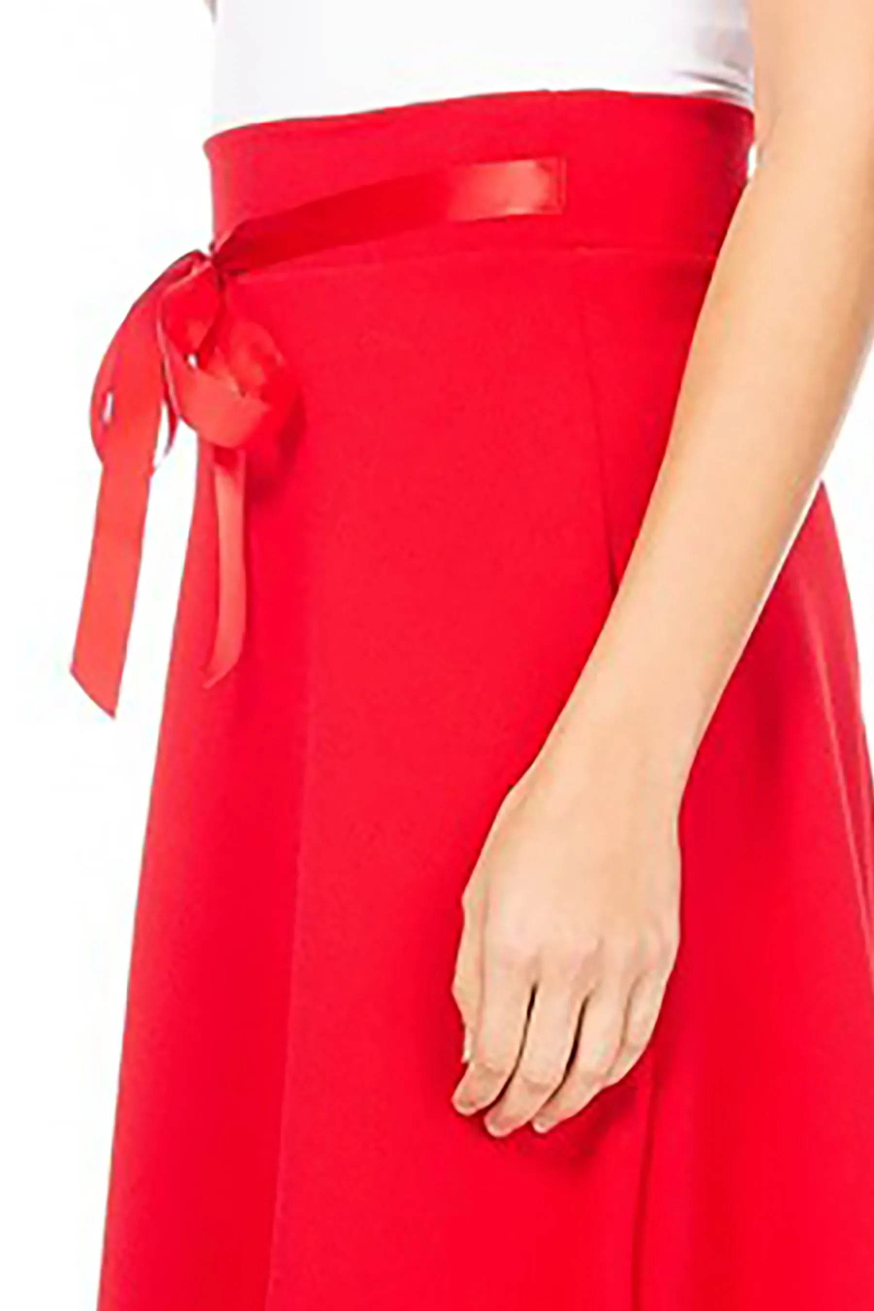 Women's Elegant Solid A-Line Midi Skirt with High Waist and Satin Tie Belt