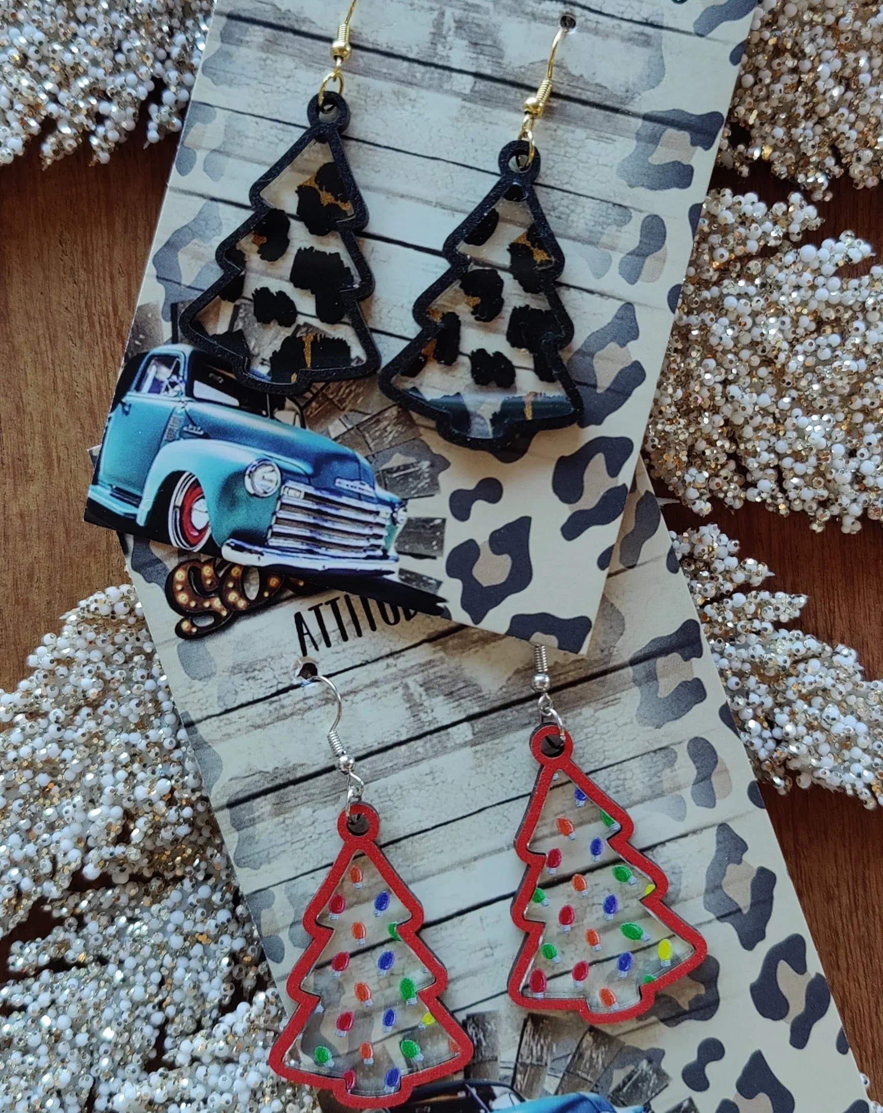 Wood Christmas Tree Earrings